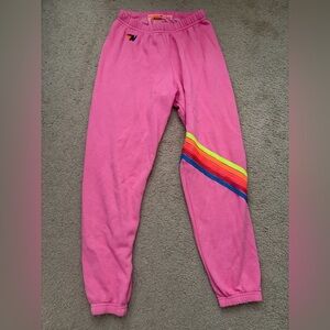 Aviator Nation Pink Track Joggers with Rainbow Stripe